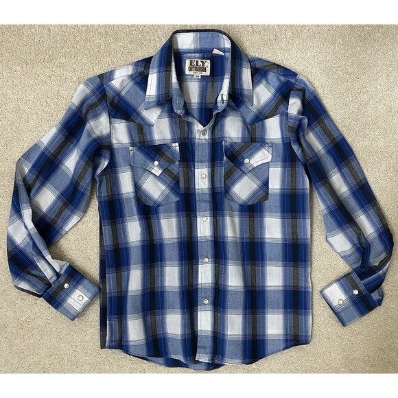 ELY Cattleman Youth M Boys Pearl Snap Blue Plaid Triangle Pocket Western Rodeo - Picture 1 of 6
